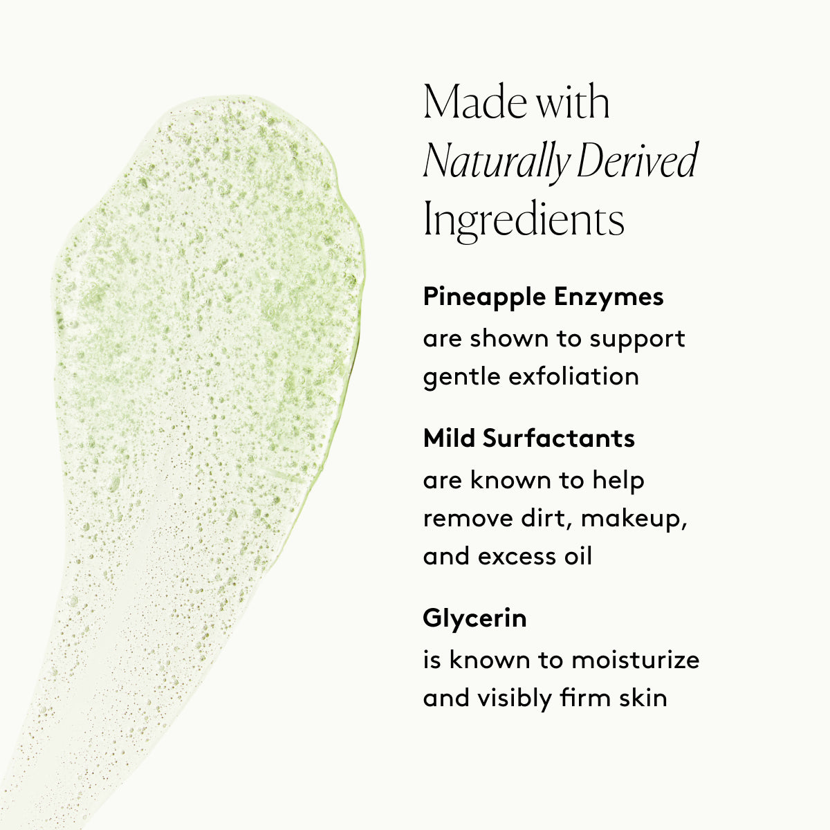 Refresh Gentle Enzyme Cleanser key ingredients graphic with Pineapple Enzymes, Mild Surfactants, and Green Tea beside a product swatch