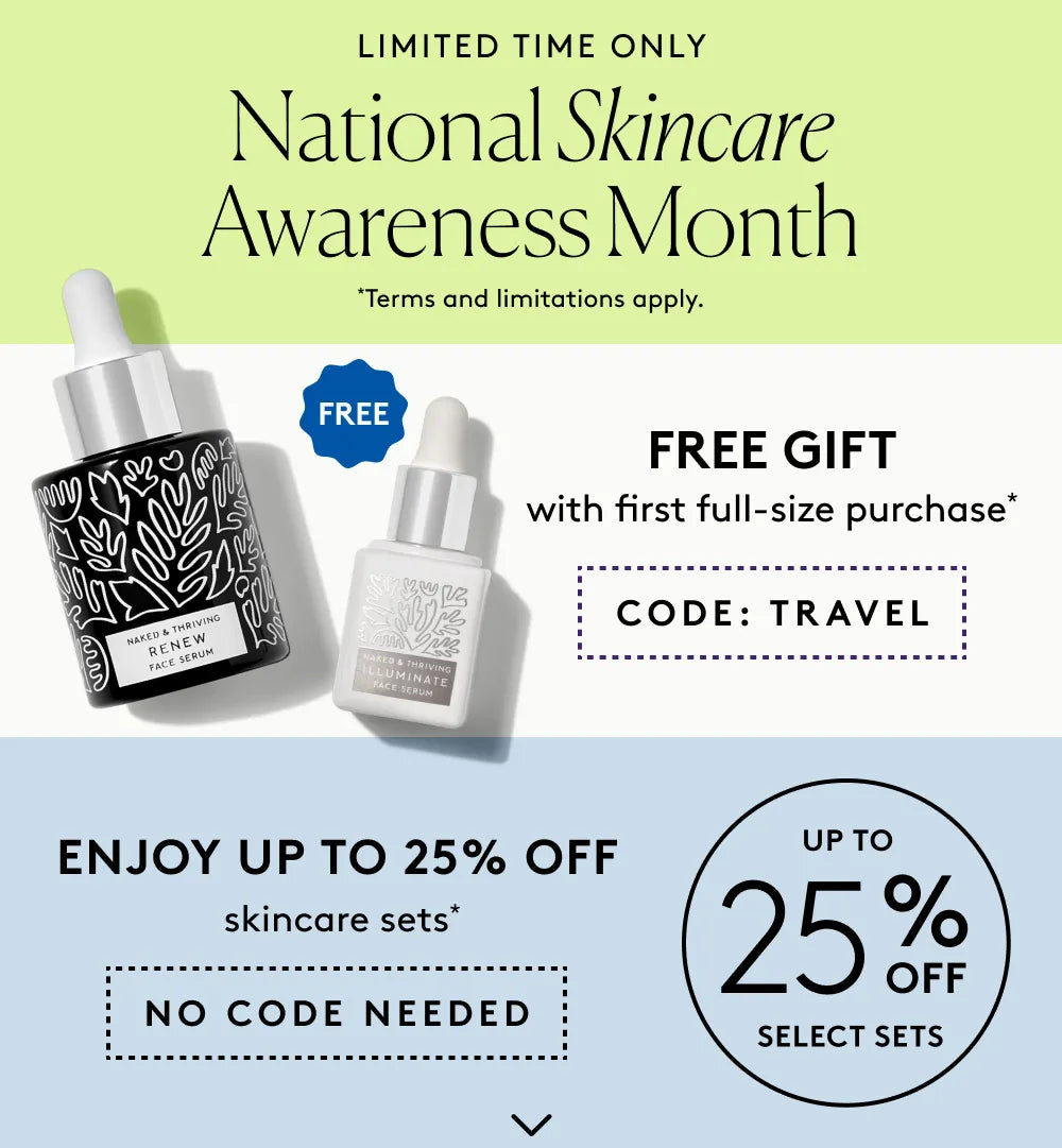 Banner stating September is National Skincare Awareness Month, with a free gift on first full-size purchase and up to 25% off select sets.