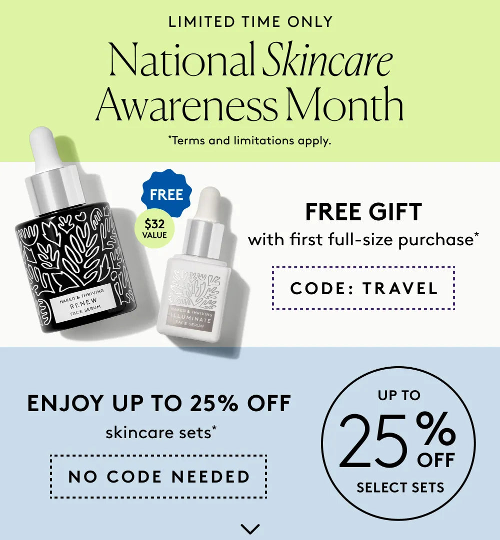 Banner stating September is National Skincare Awareness Month, with a free gift on first full-size purchase and up to 25% off select sets.