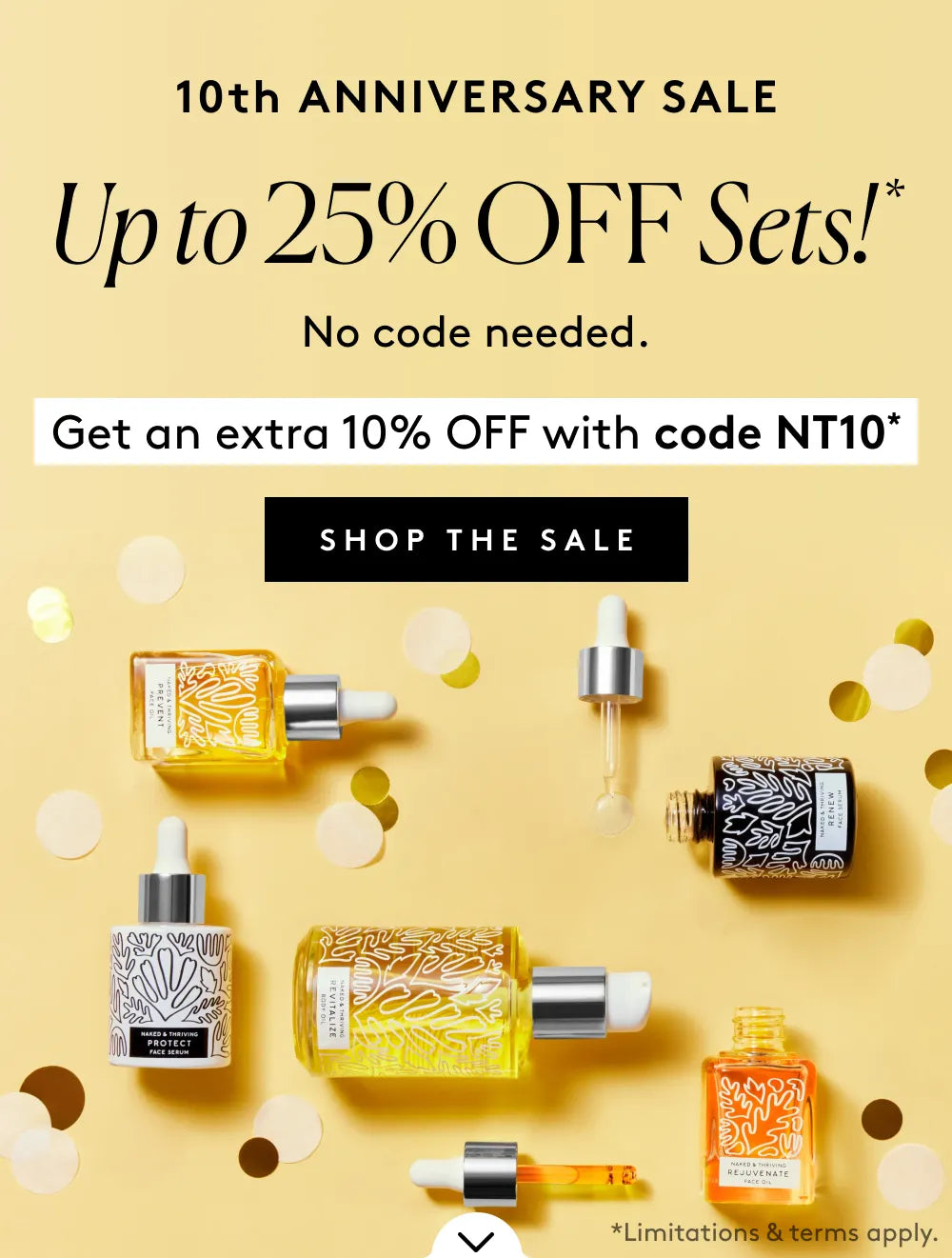 10th Anniversary Sale banner featuring face oils and serums with up to 25% off sets and an extra 10% off everything.