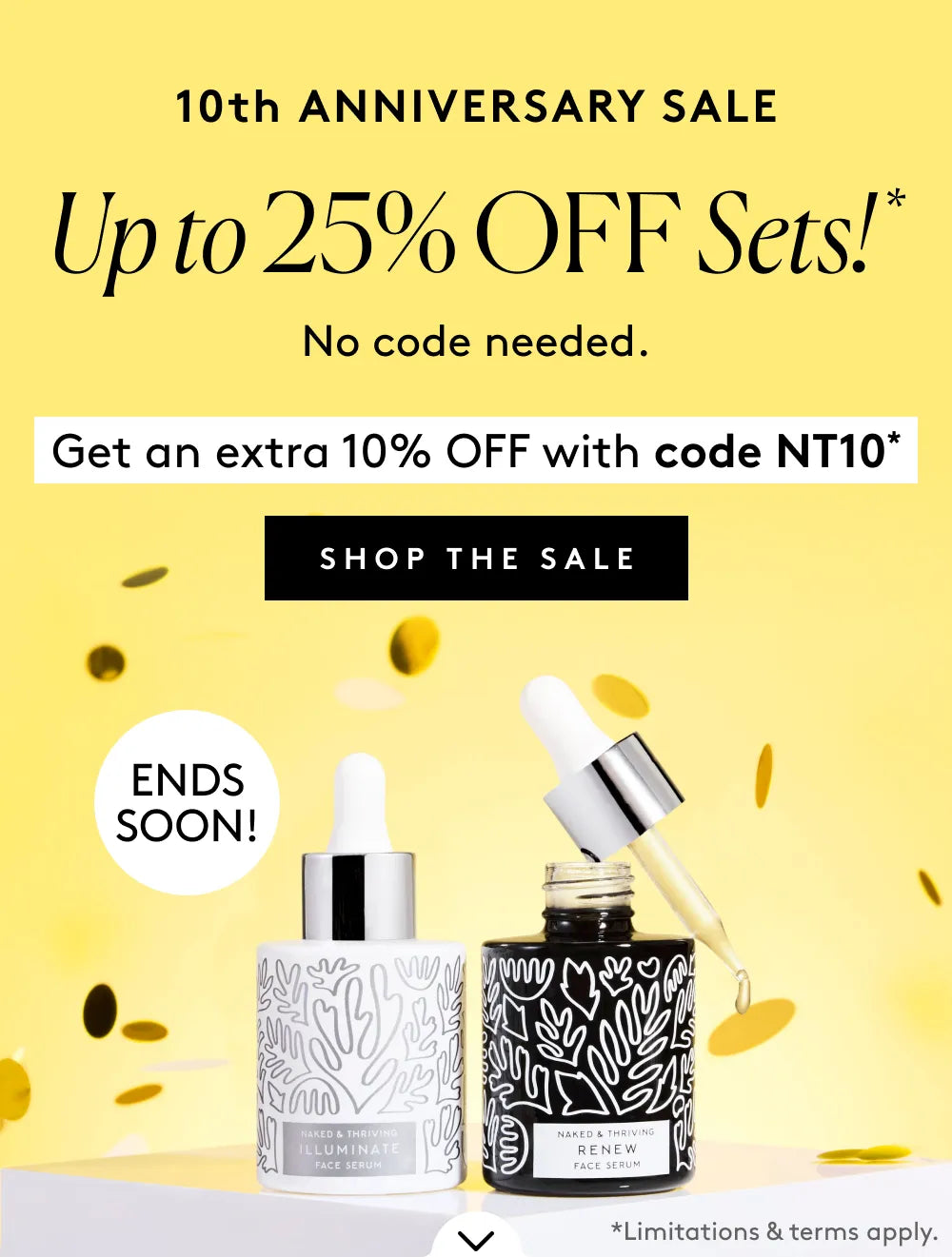 10th Anniversary Sale banner with Renew face serum and Illuminate face serum, offering up to 25% off sets plus an extra 10% off everything.