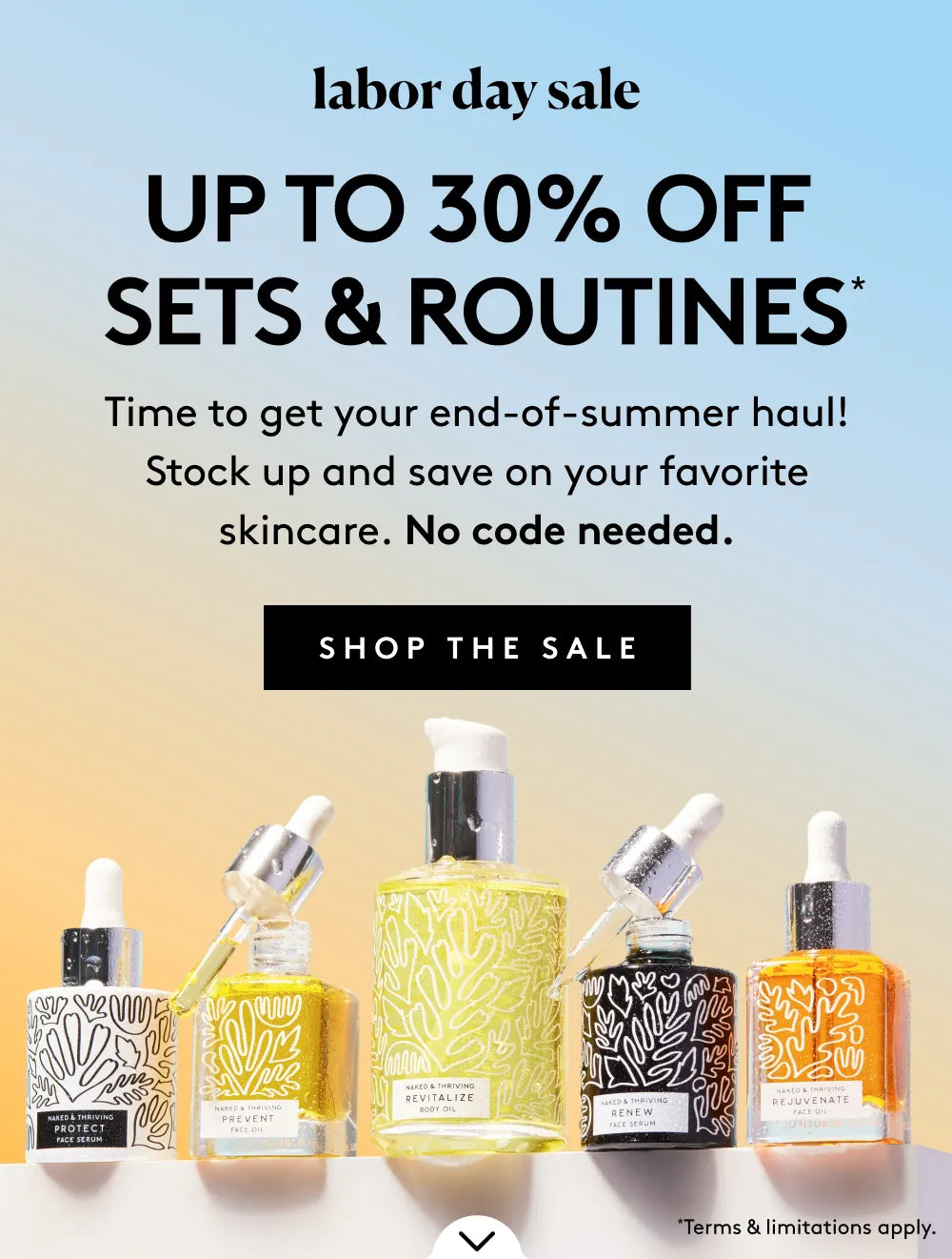 Labor Day Sale banner featuring up to 30% off sets and routines offer and images of bottles of face serum, face oil, and body oil.