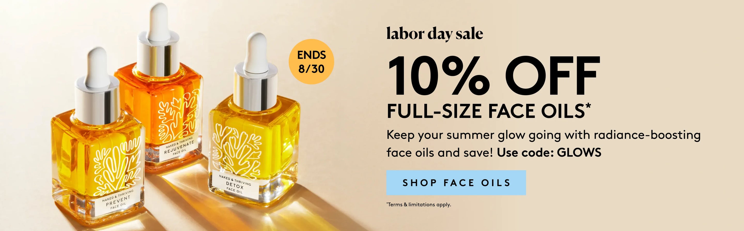 Labor Day Sale banner featuring 10% off full-size face oils offer and images of bottles of face oil.