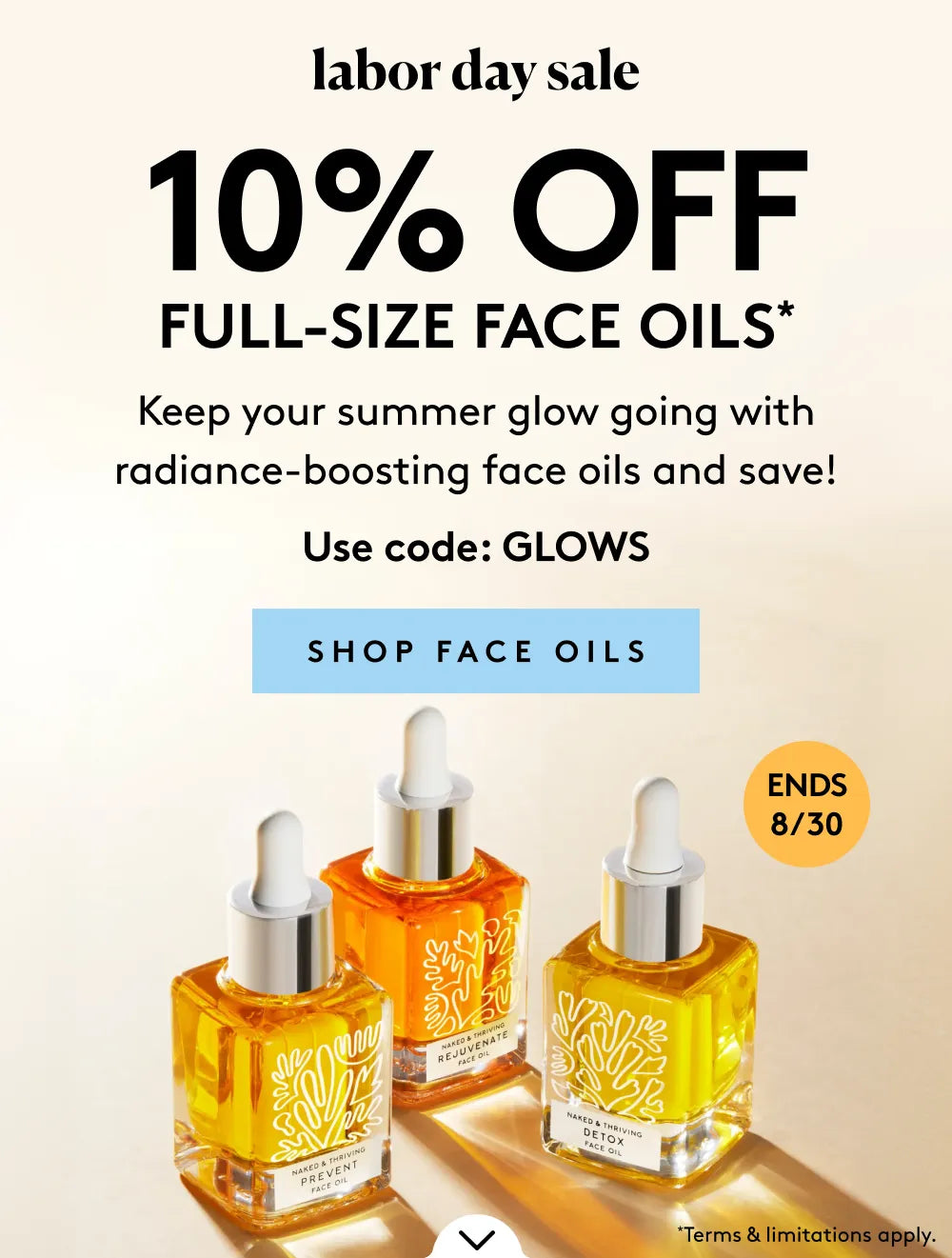 Labor Day Sale banner featuring 10% off full-size face oils offer and images of bottles of face oil.