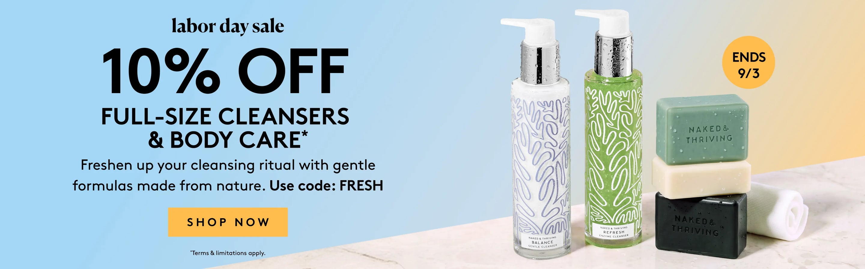 Labor Day Sale banner featuring 10% off full-size face cleansers offer and images of bottles of face cleansers.
