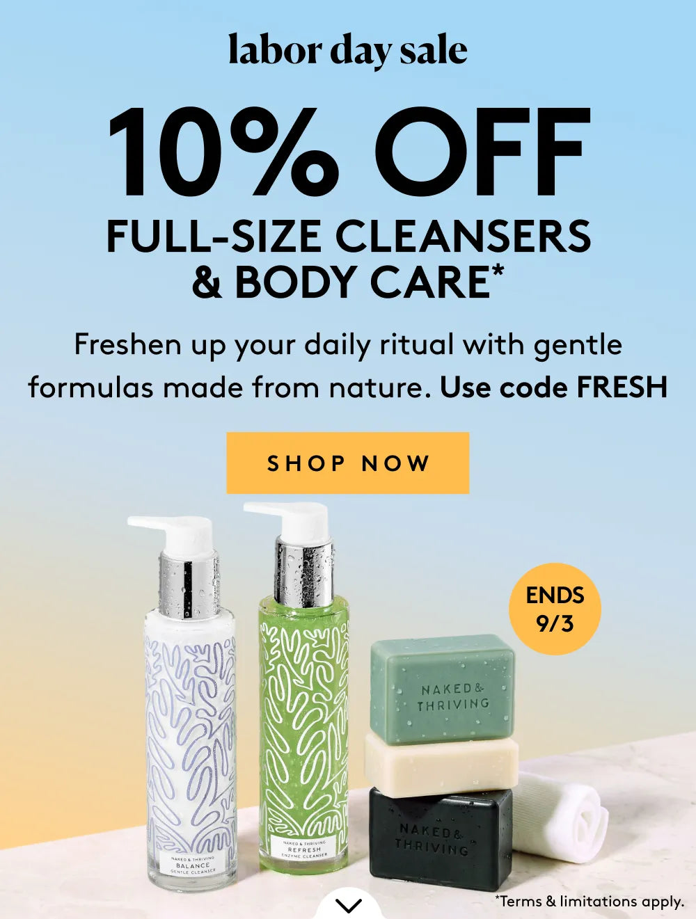 Labor Day Sale banner featuring 10% off full-size face cleansers offer and images of bottles of face cleansers.