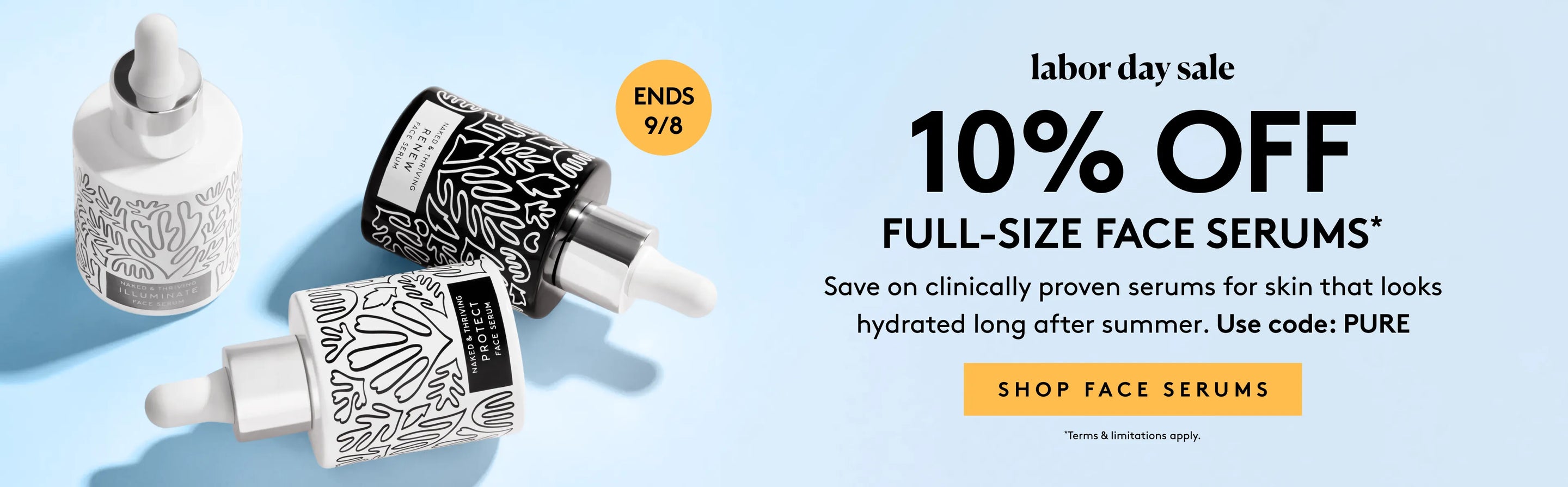 Labor Day Sale banner featuring 10% off full-size face serums offer and images of bottles of face serum.