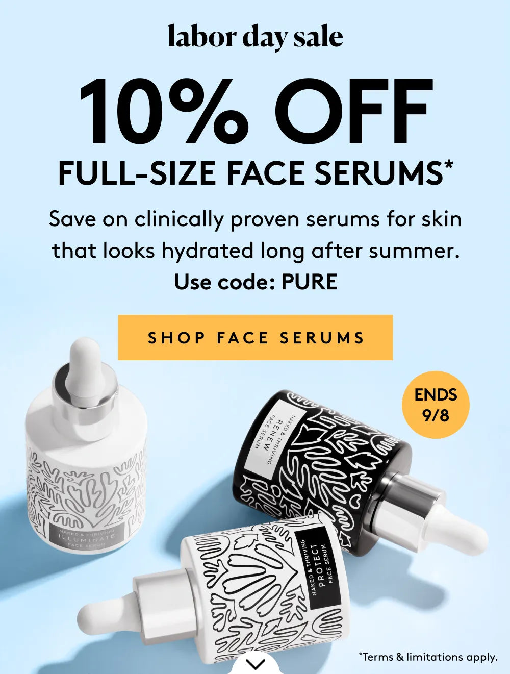 Labor Day Sale banner featuring 10% off full-size face serums offer and images of bottles of face serum.