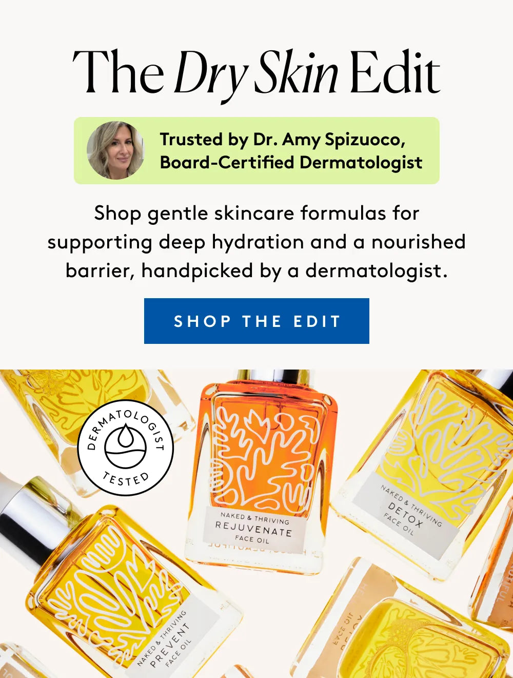 A banner featuring Naked & Thriving Rejuvenate Face Oil and Illuminate Face Serum with clinical results and plant-based skincare messaging.
