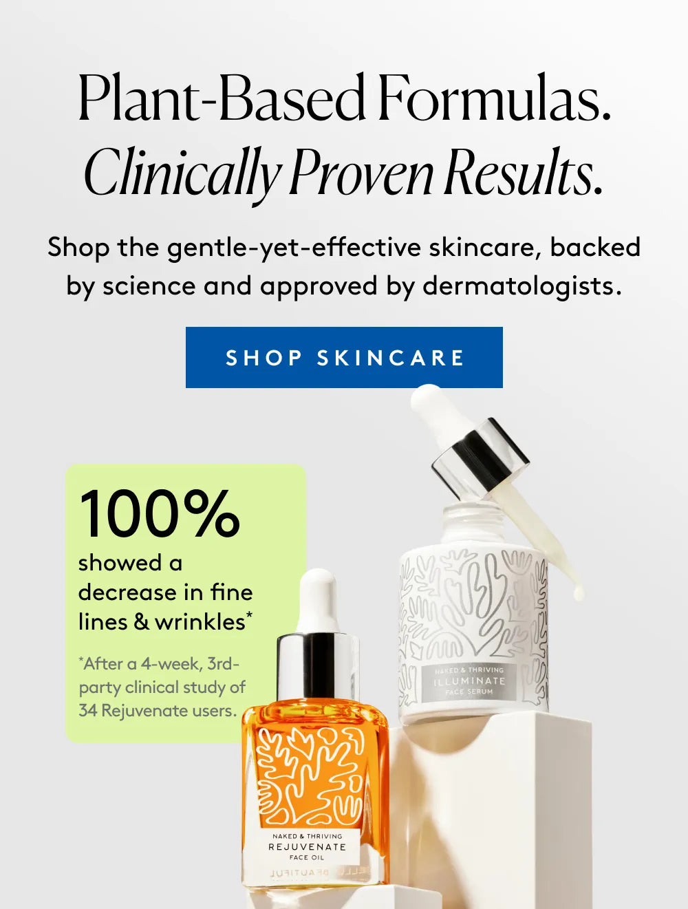 A banner featuring the 10% Off clinically backed formulas offer and bottles of face serums and face oils.