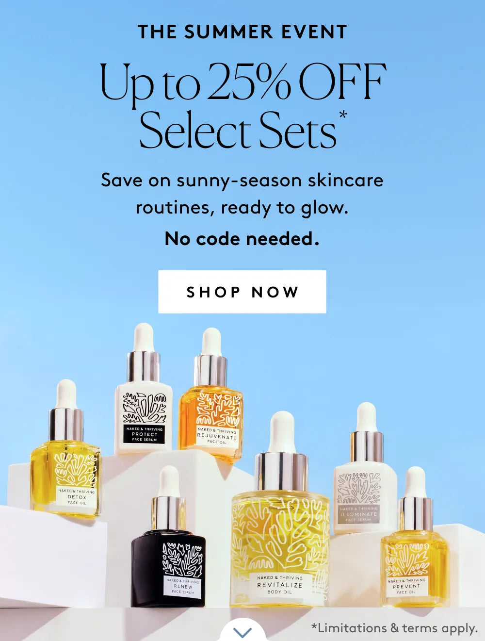 The Summer Event banner featuring several face serums and oils and offering up to 25% off select sets.