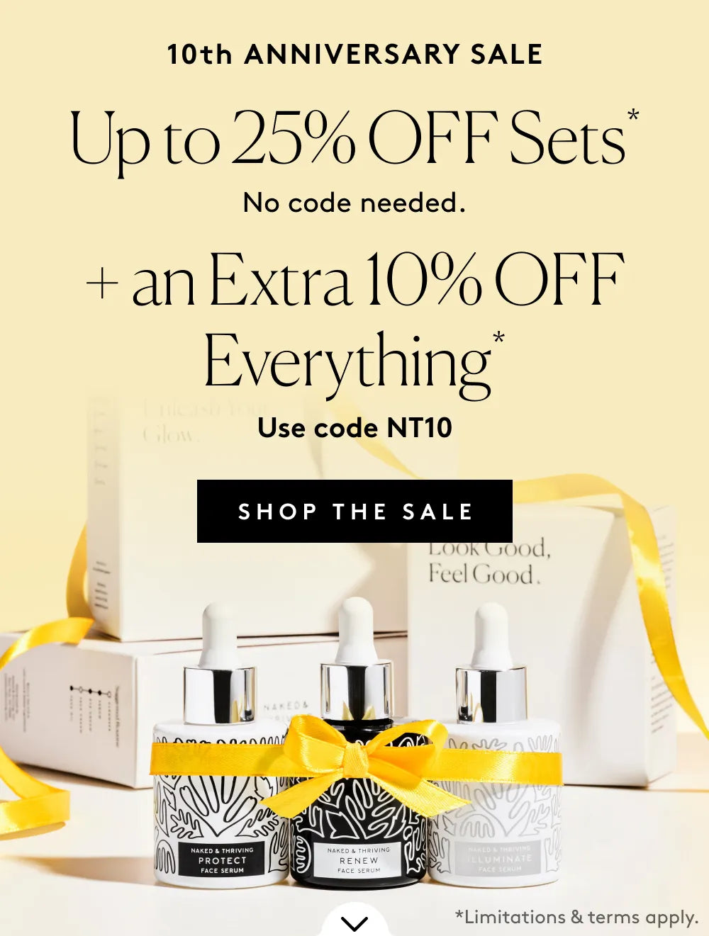 10th Anniversary Sale banner with face serums and skincare gift set offering up to 25% off plus an extra 10% off everything.