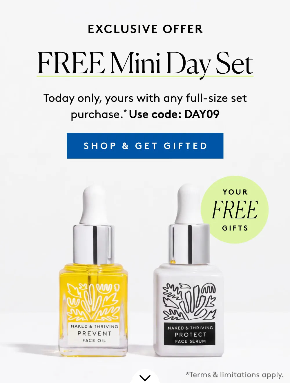 A banner featuring the free Mini Day Set offer and travel-size bottles of Protect Serum and Prevent Face Oil