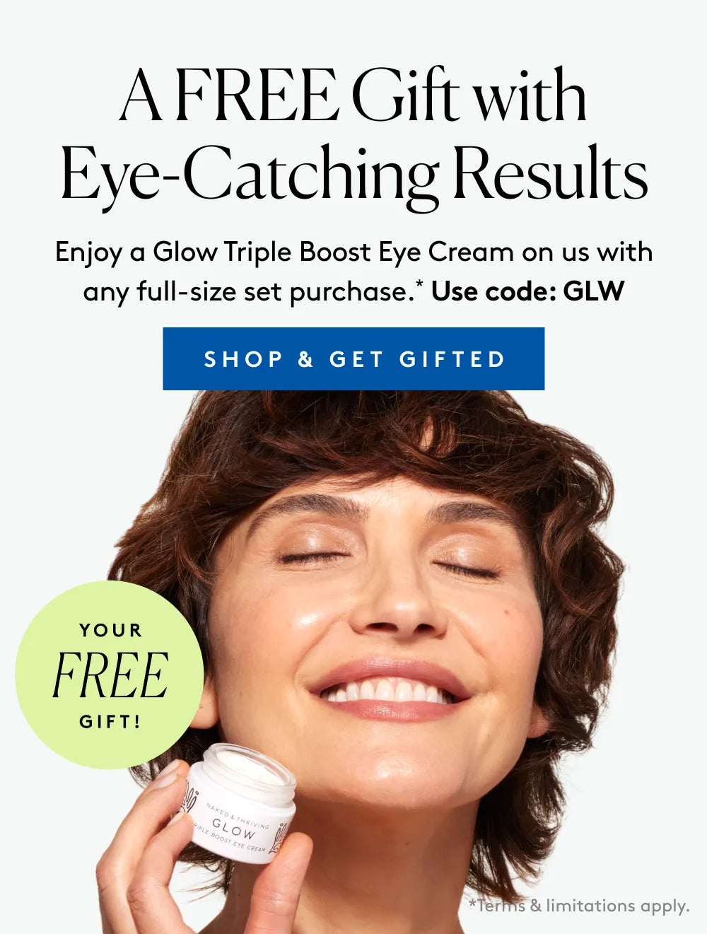 A banner featuring the free Glow Eye Cream offer and a jar of Glow Triple Boost Eye Cream.