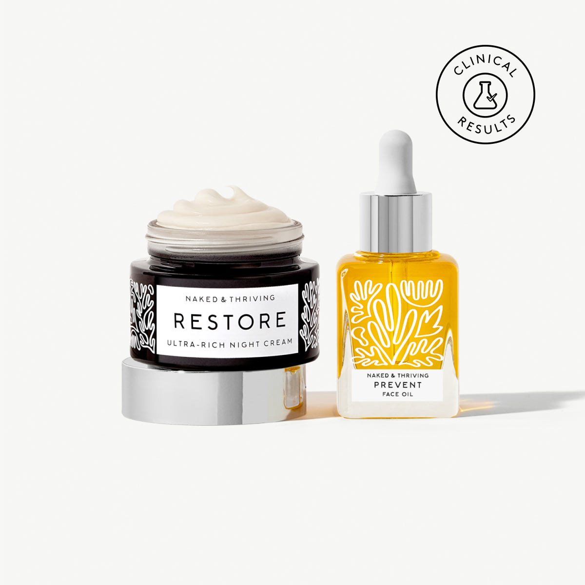 Naked & Thriving Advanced Anti-Aging Duo with dark Restore Ultra-Rich Night Cream jar and clear Prevent Anti-Aging Face Oil dropper bottle