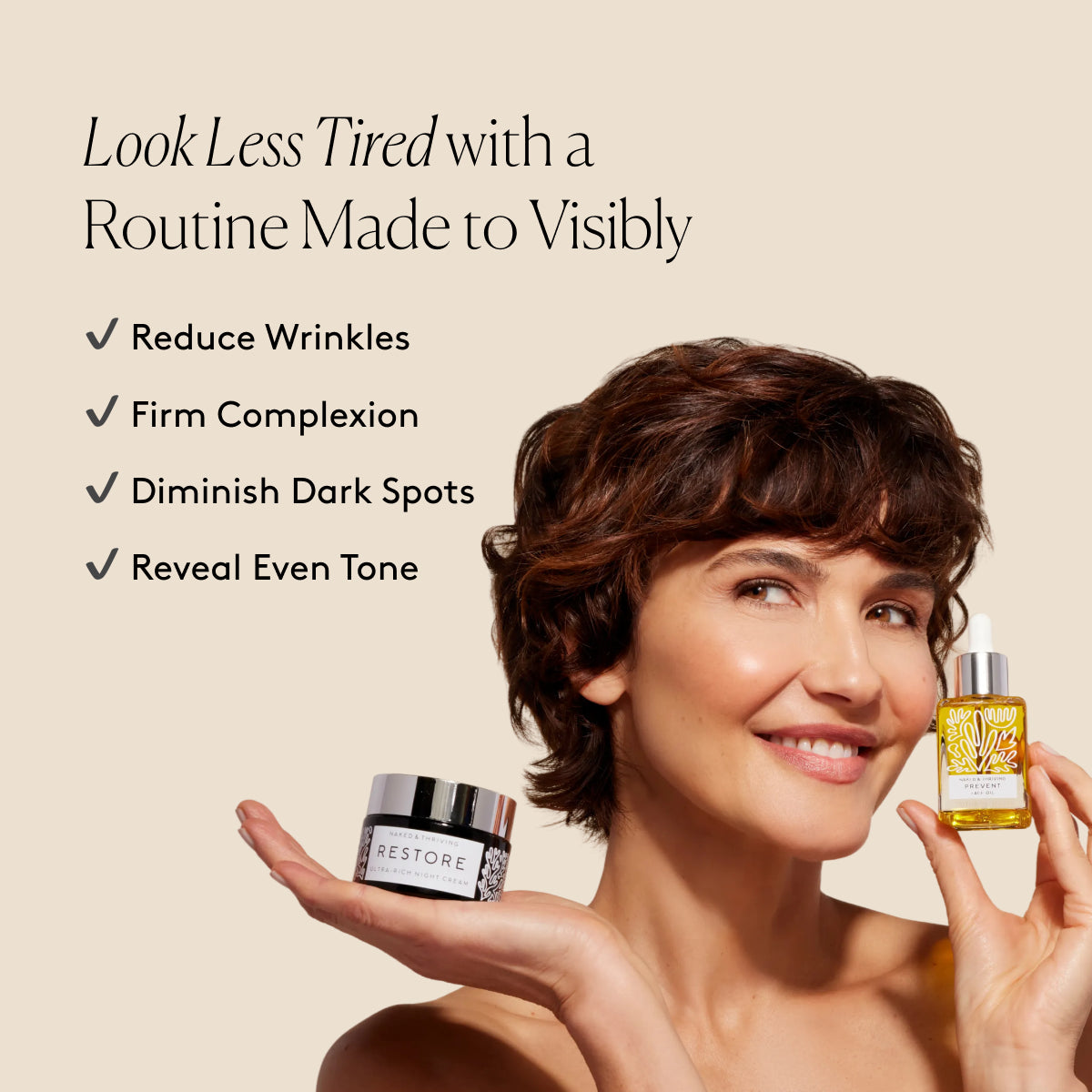 
                
                  Smiling model with radiant-looking skin beside text listing visible improvement in firmnes, dark spots, and uneven tone
                
              