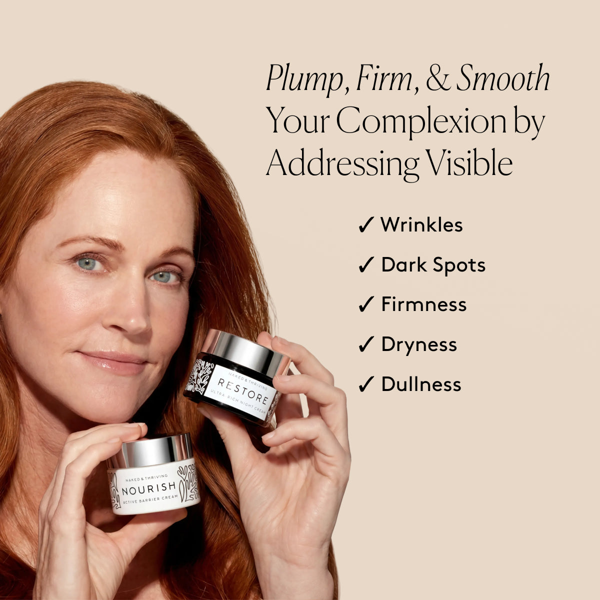 
                
                  Smiling model with radiant-looking skin holding the Advanced Moisturizer Duo beside text about visibly plump, firm, and smooth skin
                
              