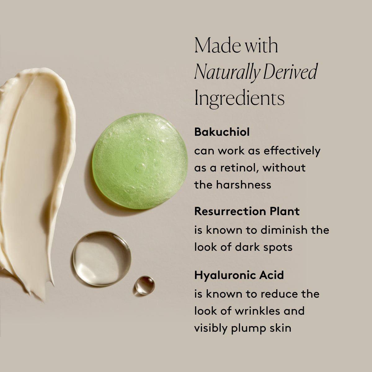 
                
                  Advanced Renewal Routine key ingredients graphic with Bakuchiol, Resurrection Plant, and Hyaluronic Acid beside product swatches
                
              