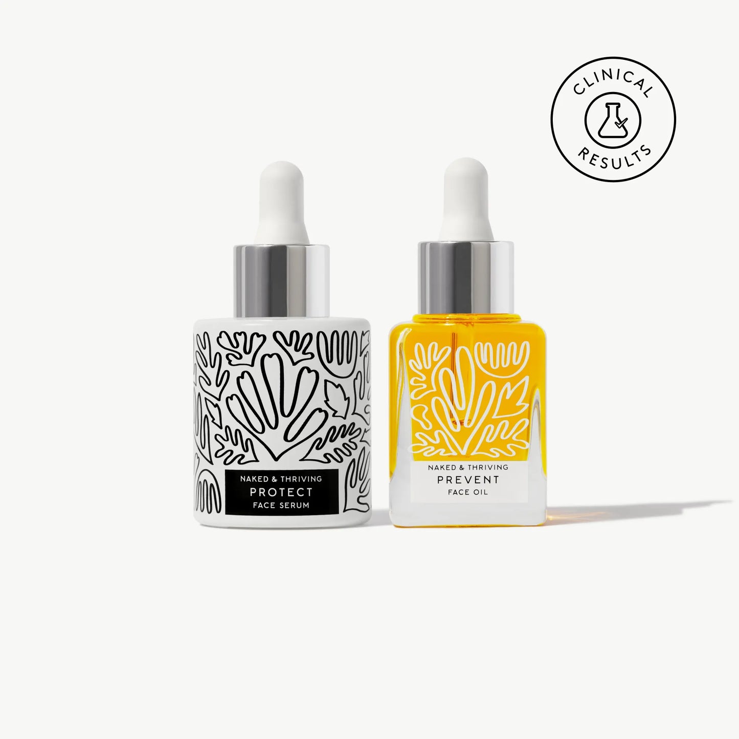 Naked & Thriving The Day Set with Protect Antioxidant Face Serum and Prevent Anti-Aging Face Oil in glass, botanical-patterned bottles