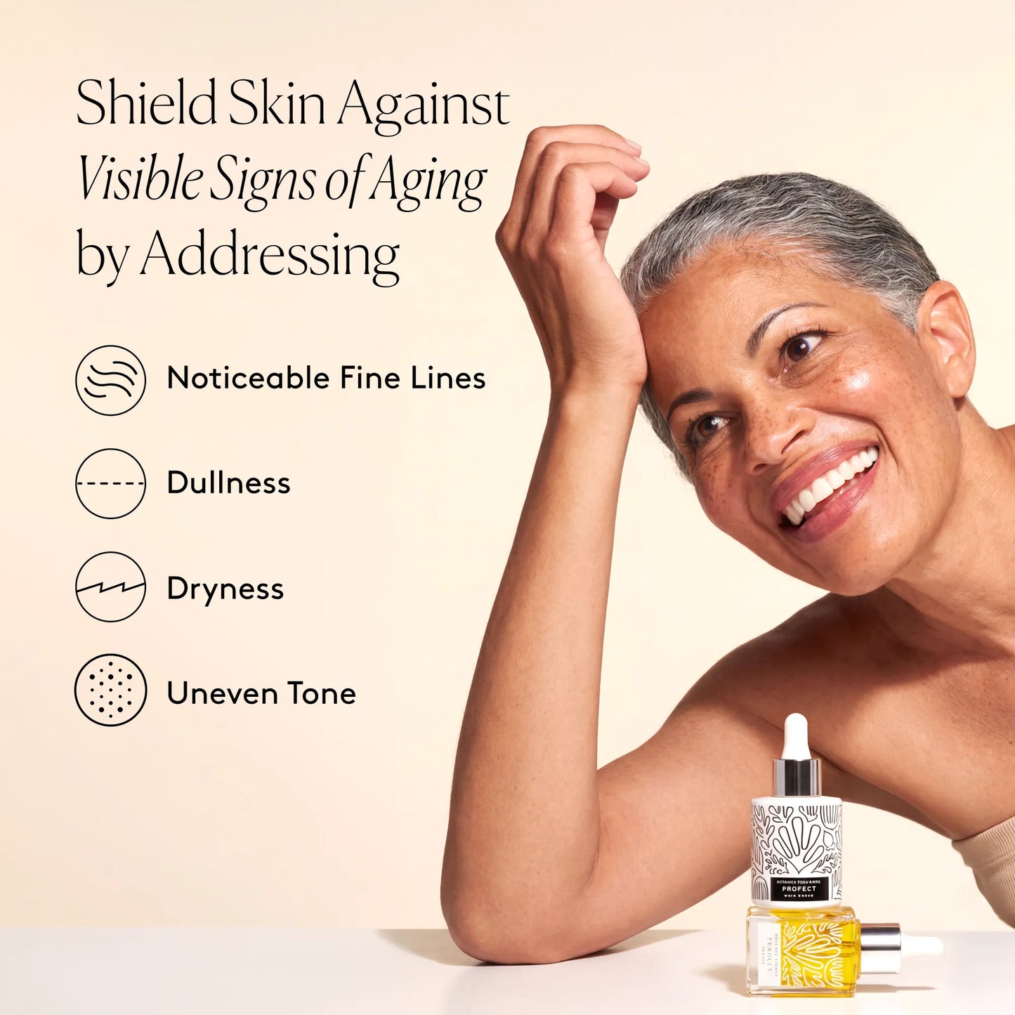 
                
                  Smiling model with radiant-looking skin beside text about improving visible signs of aging
                
              