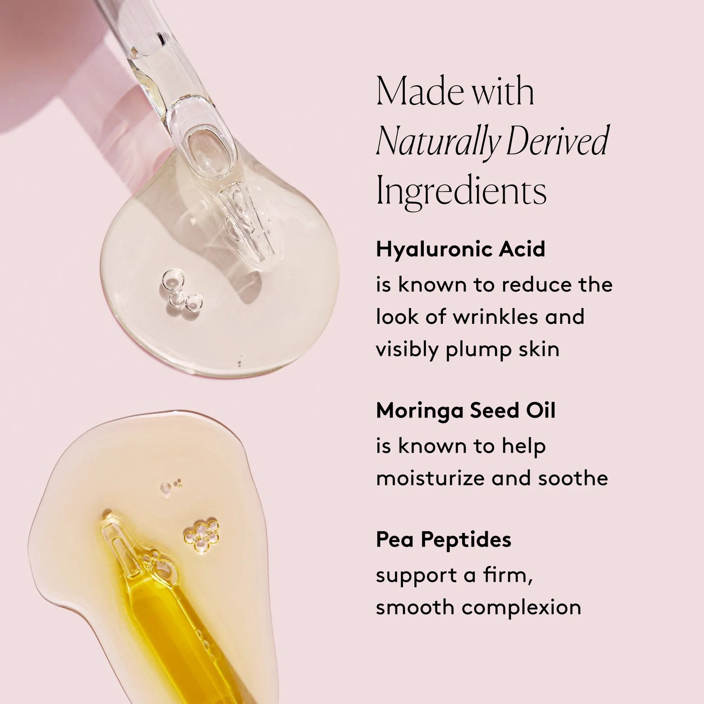 
                
                  The Day Set key ingredients graphic with Hyaluronic Acid, Moringa Seed Oil, and Pea Peptides beside glass droppers and product swatches
                
              