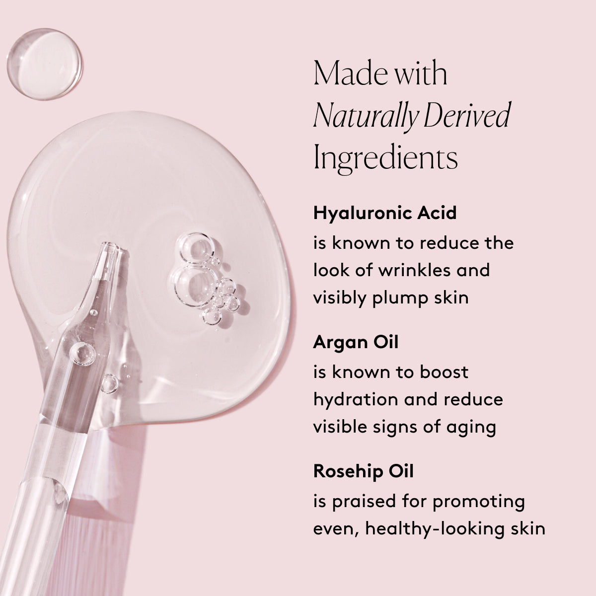 
                
                  The Discovery Set key ingredients graphic with Hyaluronic Acid, Argan Oil, and Rosehip Oil beside glass dropper and clear serum swatch 
                
              