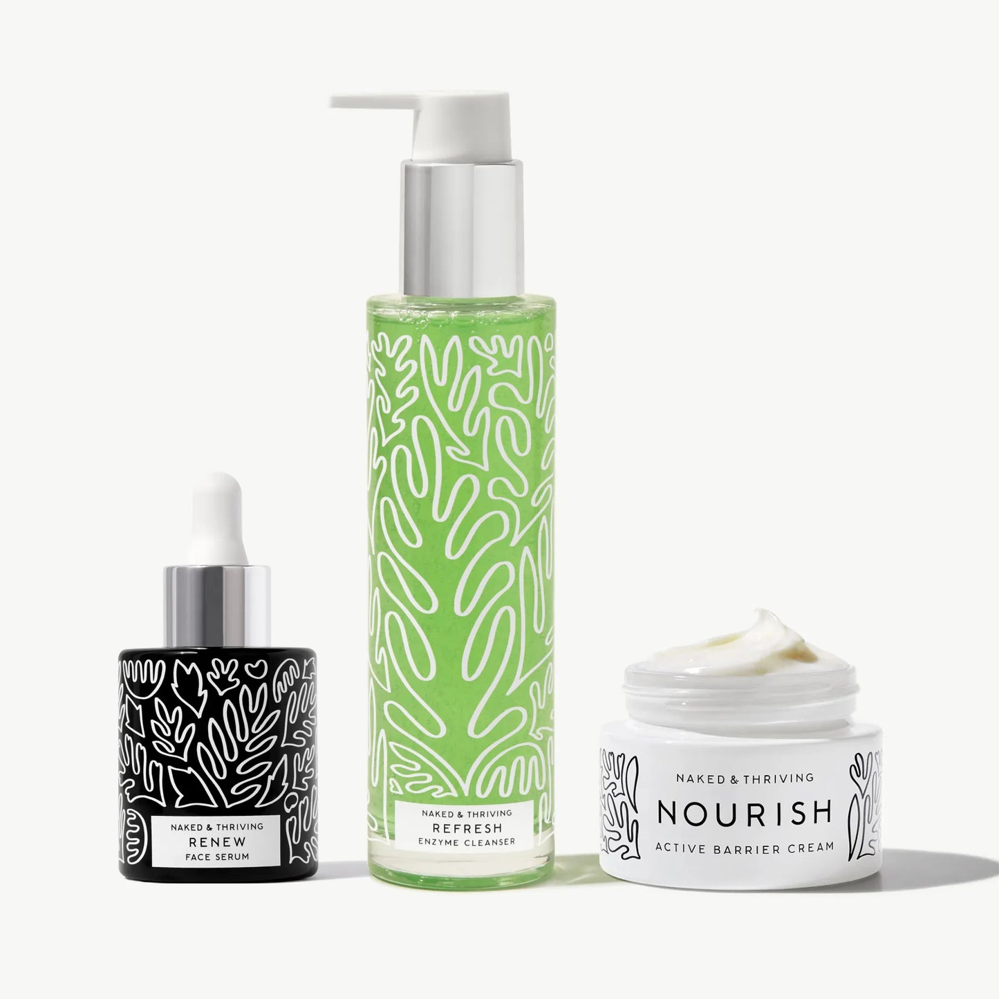 
                
                  Easy Nightly Trio with Refresh Cleanser, Renew Serum, and Nourish Face Cream on white background 
                
              