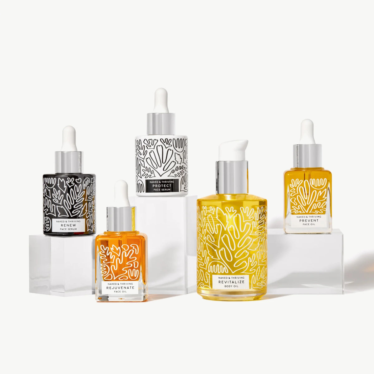 
                
                  Naked & Thriving The Full Routine with patterned serum and face oil bottles and one body oil bottle
                
              