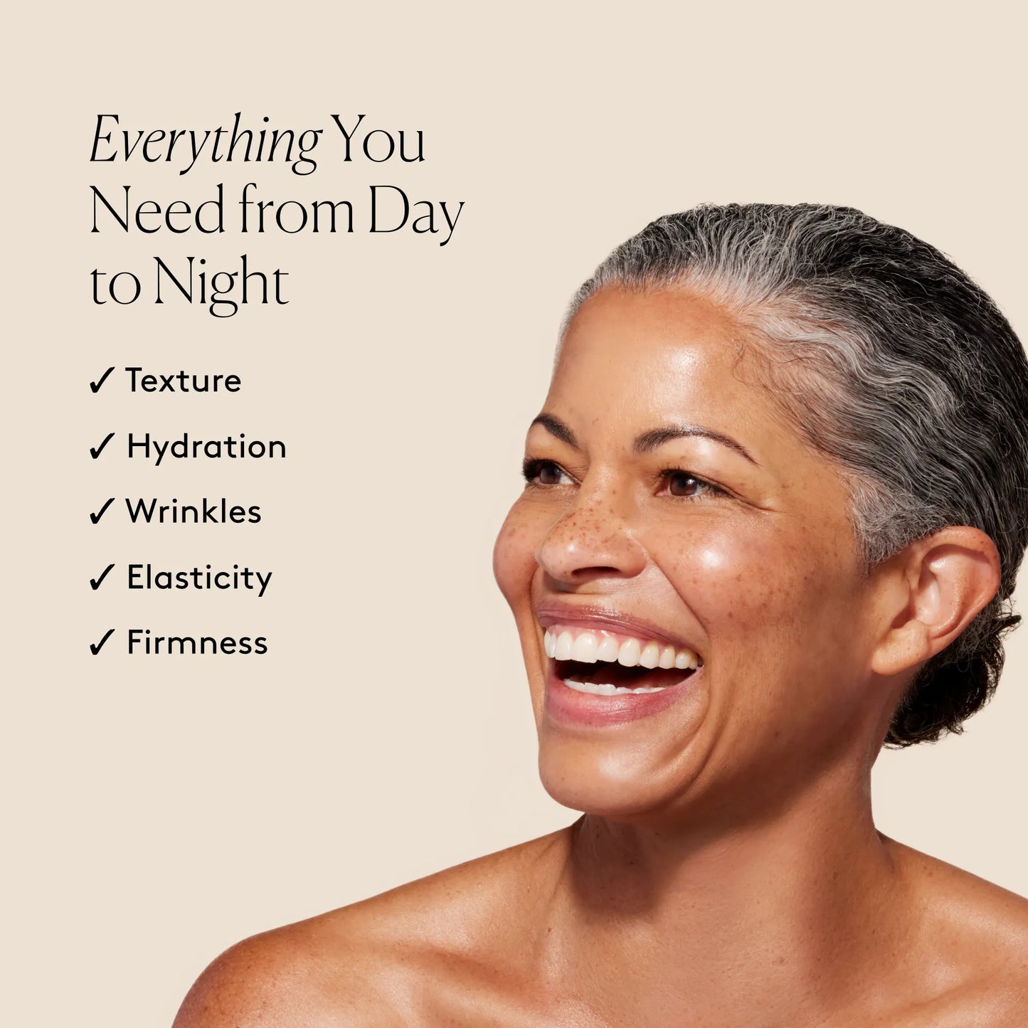 
                
                  Smiling model with radiant-looking skin beside text about visibly improving texture and hydration for day and night
                
              