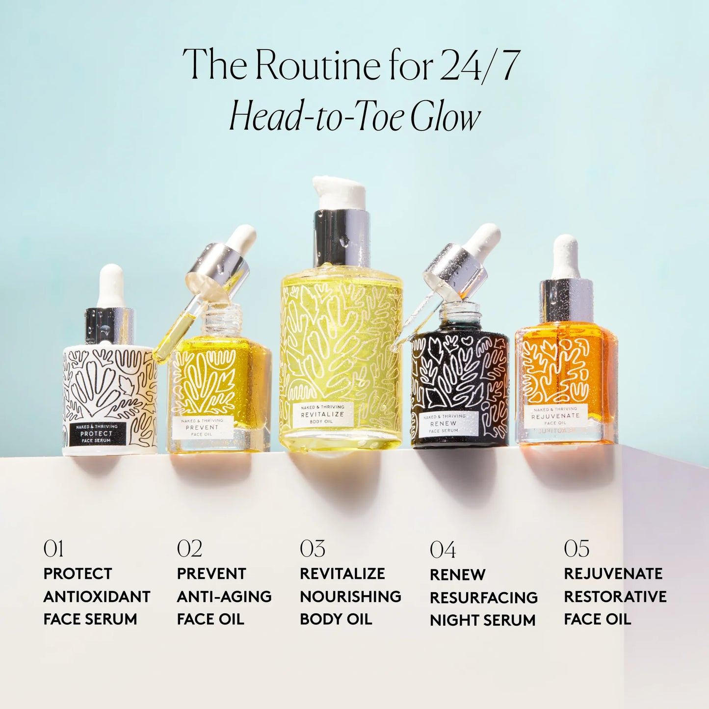 
                
                  Routine groupings of serums, face oils, and body oil for 24/7 glow
                
              