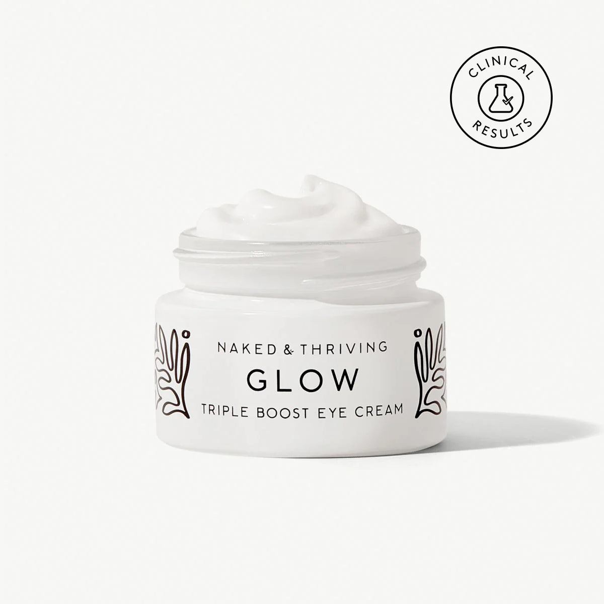 Naked & Thriving Glow Triple Boost Eye Cream in a white glass jar with brand label 