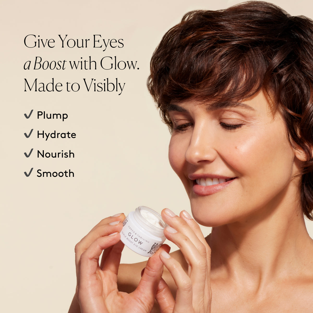 Smiling model holding Glow Triple Boost Eye Cream with text listing visible improvement in plumpness, hydration, and texture