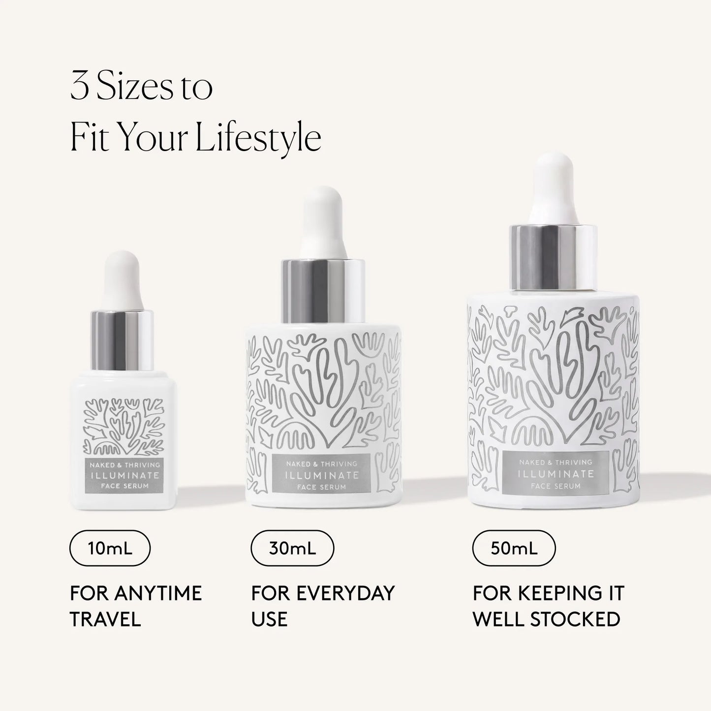 
                
                  All three sizes of Illuminate BC+ Brightening Serum: travel size, full size, and deluxe size.
                
              