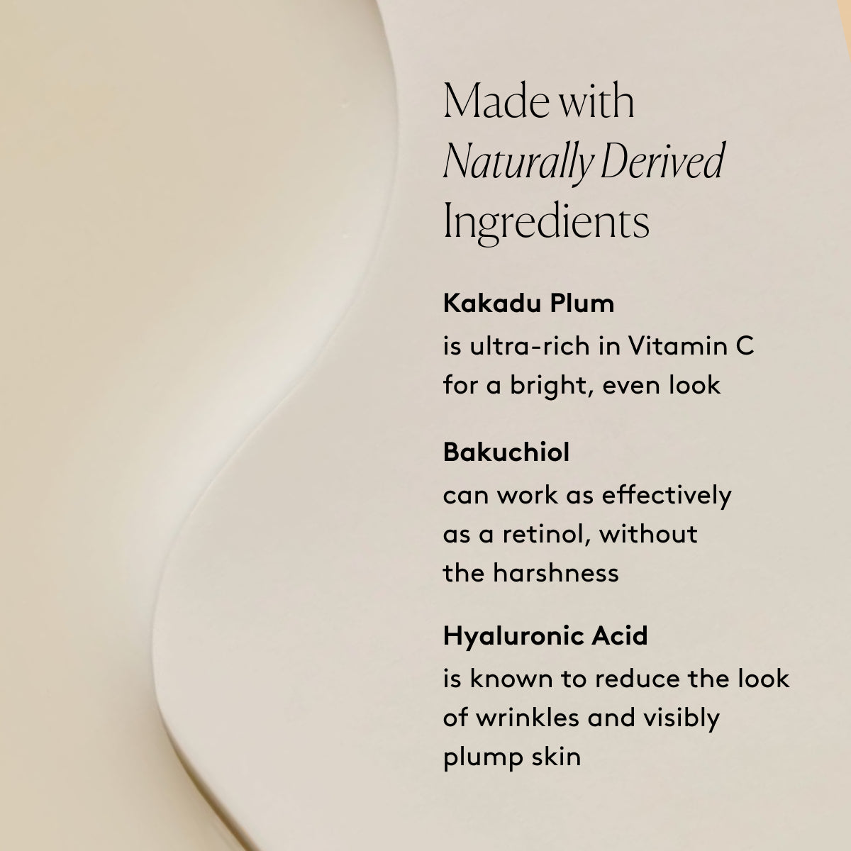 
                
                  Illuminate BC+ Brightening Serum key ingredients graphic with Kakadu Plum, Bakuchiol, and Hyaluronic Acid against a product swatch 
                
              