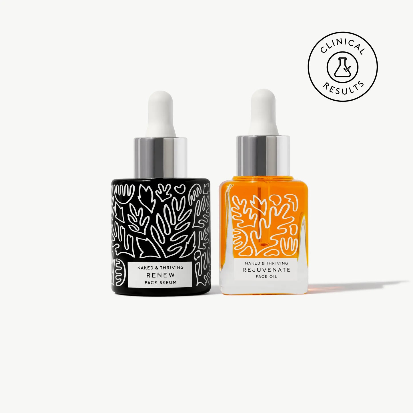 Naked & Thriving The Night Set with Renew Resurfacing Night Serum and Rejuvenate Restorative Face Oil in glass dropper bottles