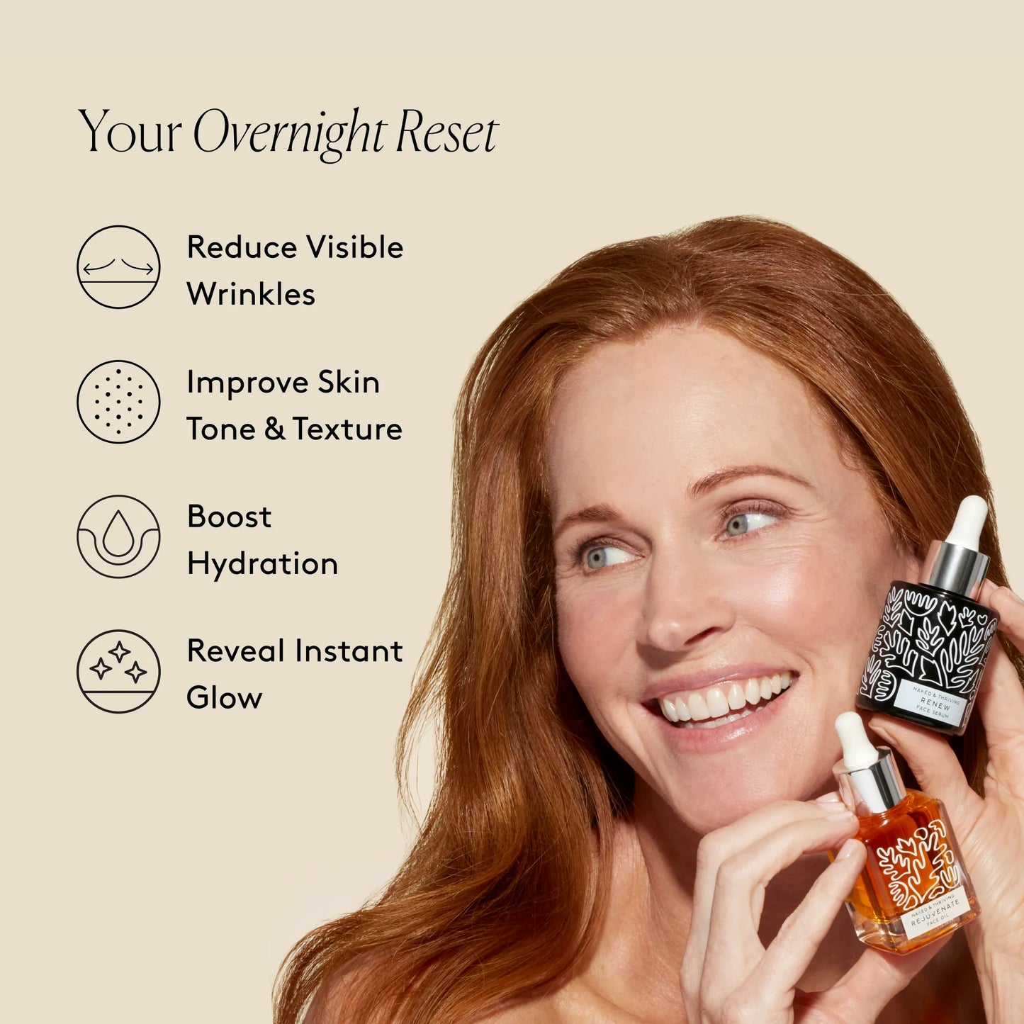 
                
                  Smiling model with radiant-looking skin holding The Night Set and text about visibly improving wrinkles and texture overnight
                
              