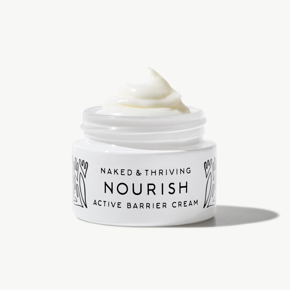 Naked & Thriving Nourish Active Barrier Cream, matte white glass cream jar with brand label on a neutral background