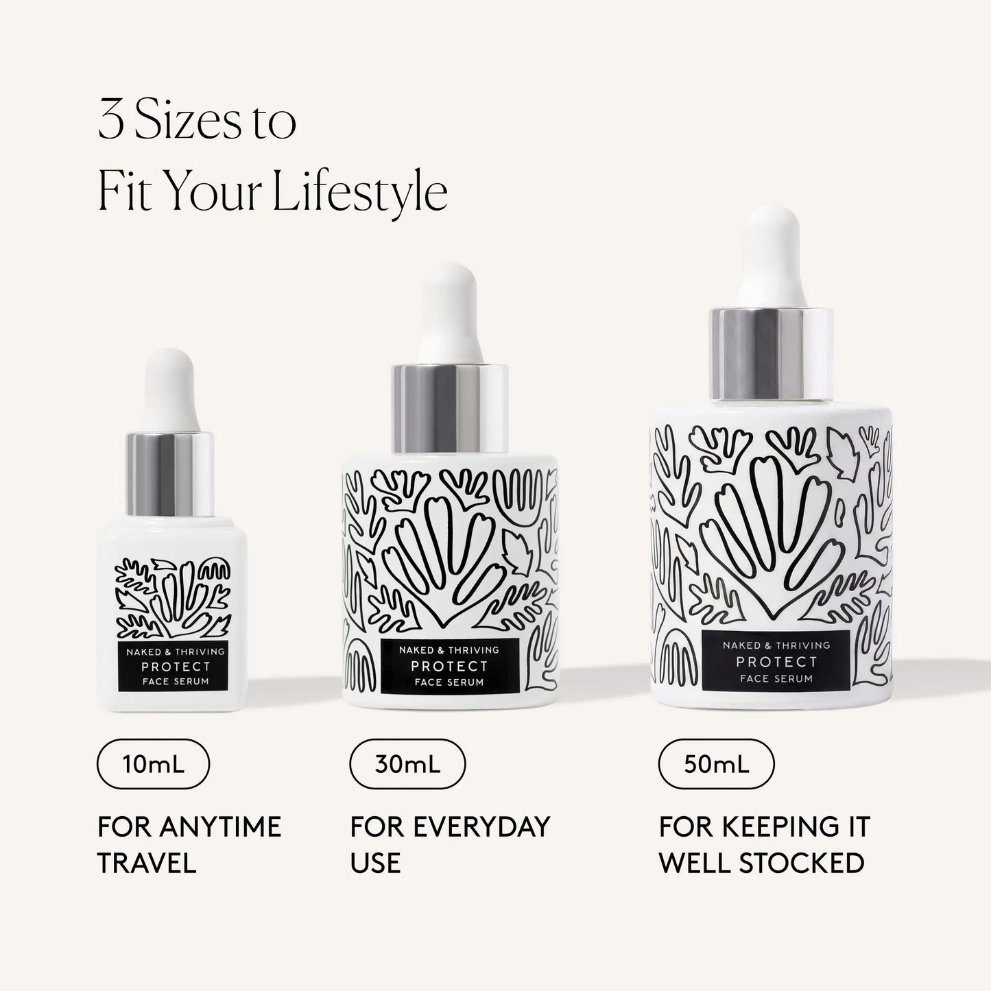 
                
                  All three sizes of Protect Antioxidant Face Serum: travel size, full size, and deluxe size.
                
              