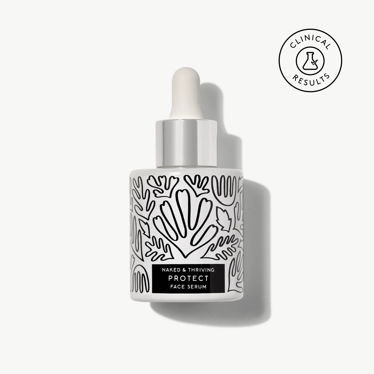 Naked & Thriving Protect Antioxidant Face Serum in a black-and-white glass dropper bottle