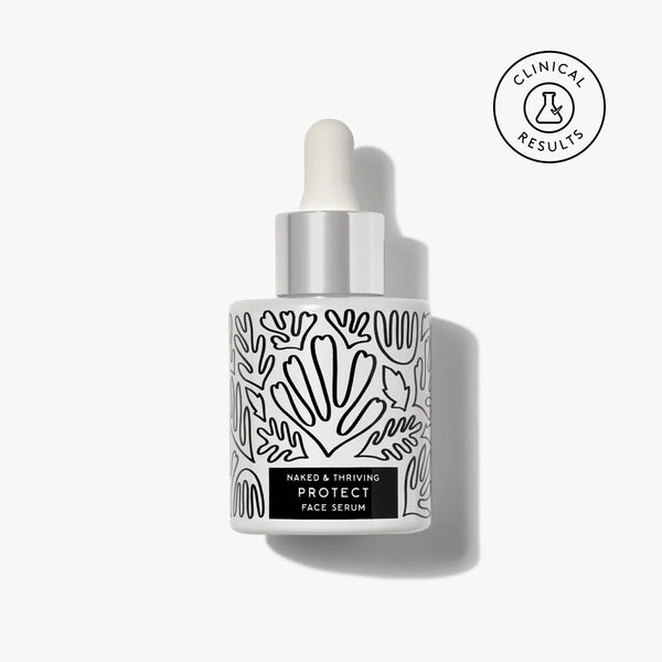 Naked & Thriving Protect Antioxidant Face Serum in a black-and-white glass dropper bottle