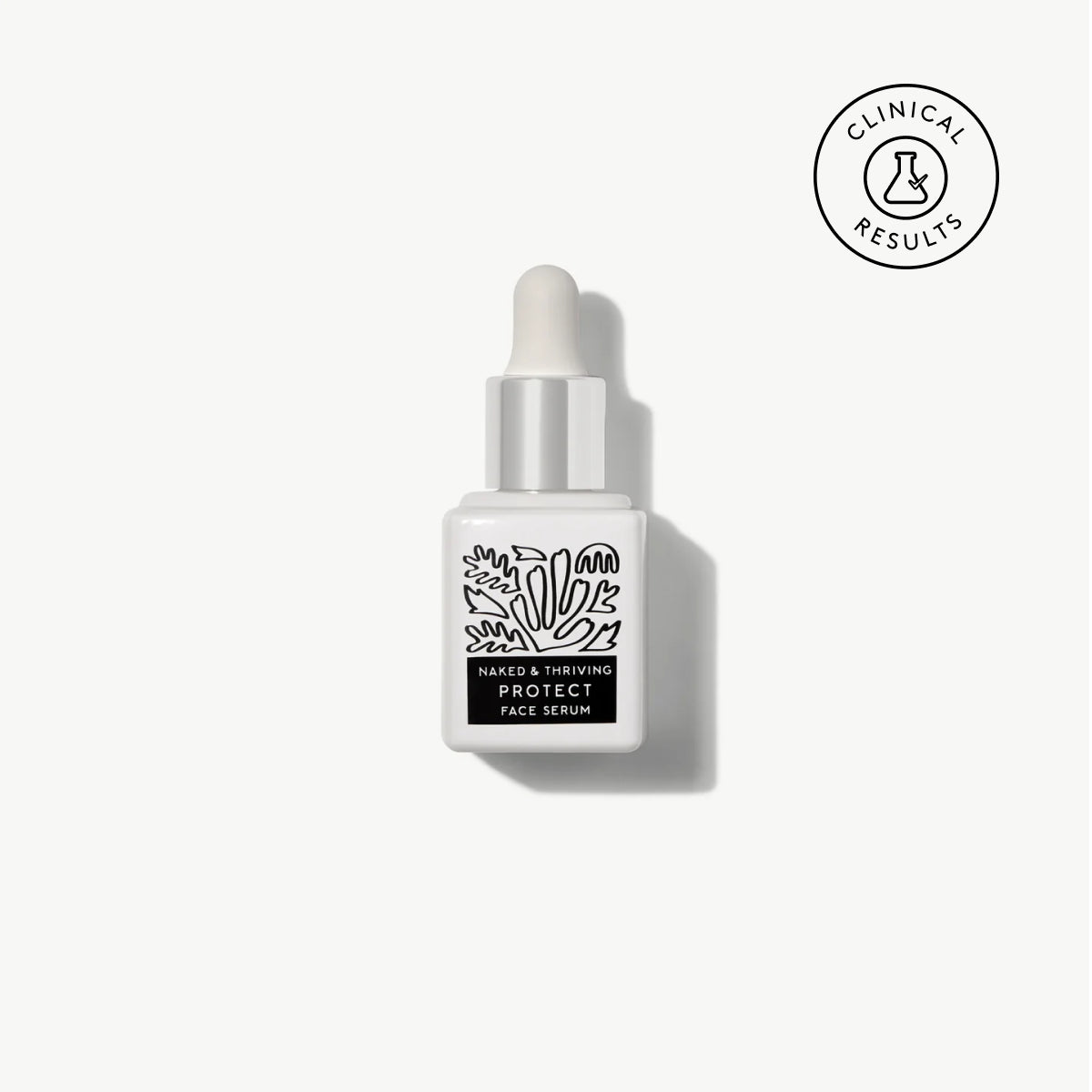 Naked & Thriving Protect Antioxidant Face Serum in a black-and-white glass dropper bottle