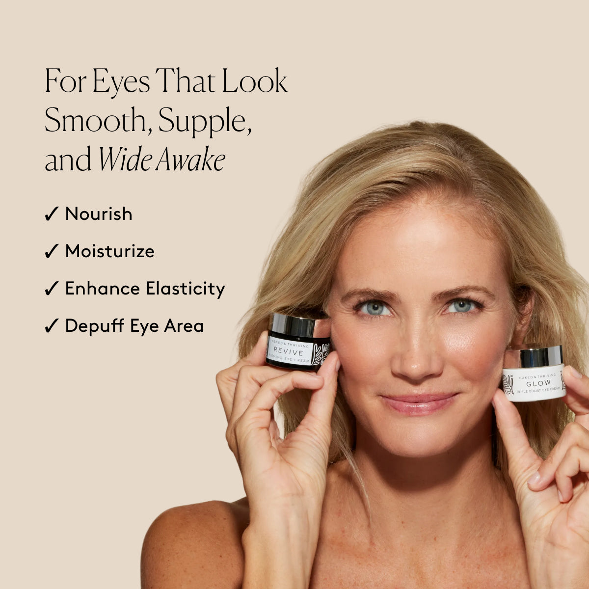 
                
                  Smiling model holding the Radiant Eye Set beside text about visibly smoother, moisturized, and refreshed-looking eyes
                
              