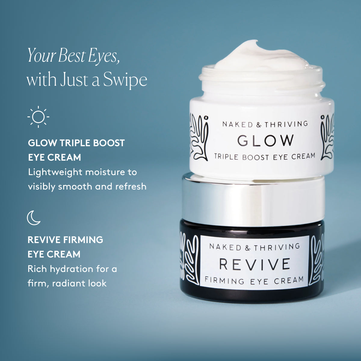 
                
                  Glow Triple Boost Eye Cream for daytime use and Revive Firming Eye Cream for nighttime use beside text about visibly smooth eyes
                
              