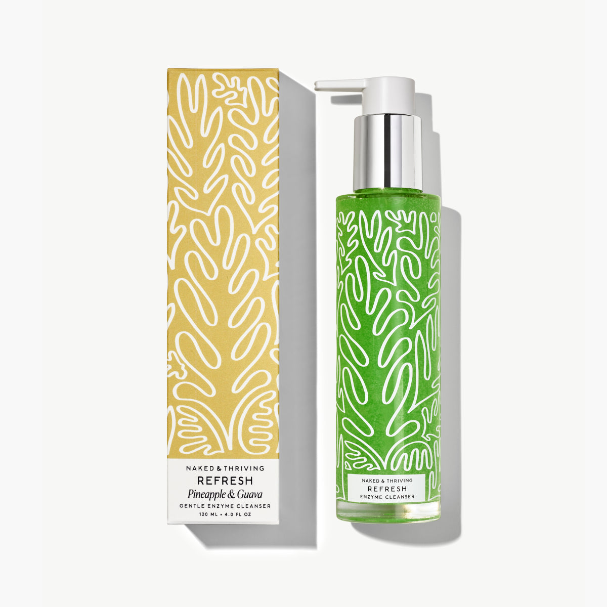 Naked & Thriving Refresh Gentle Enzyme Cleanser showing green formula in a clear pump bottle beside yellow, botanical-patterned box
