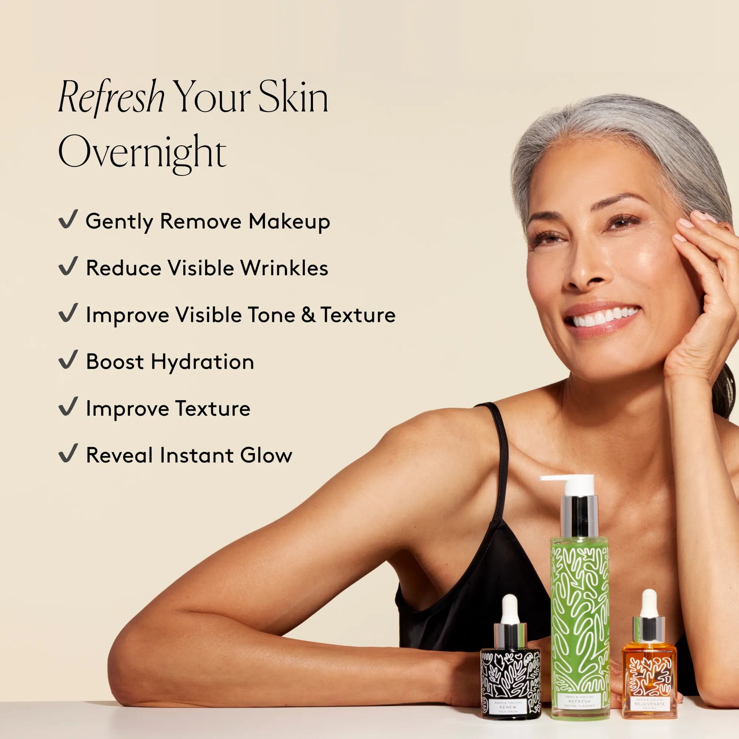 
                
                  Smiling model behind The Refresh Routine and text about refreshing skin overnight
                
              