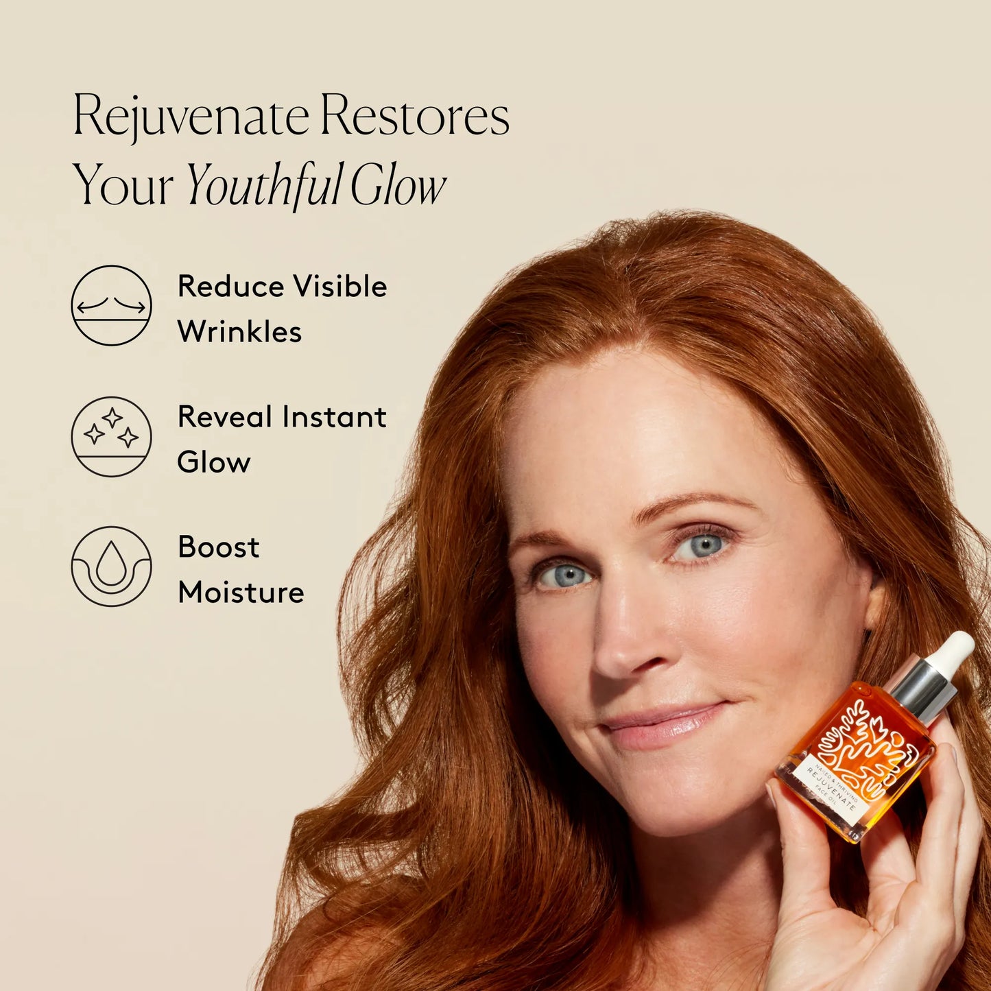 
                
                  Smiling model holding Rejuvenate Restorative Face Oil beside text about restoring your glow
                
              