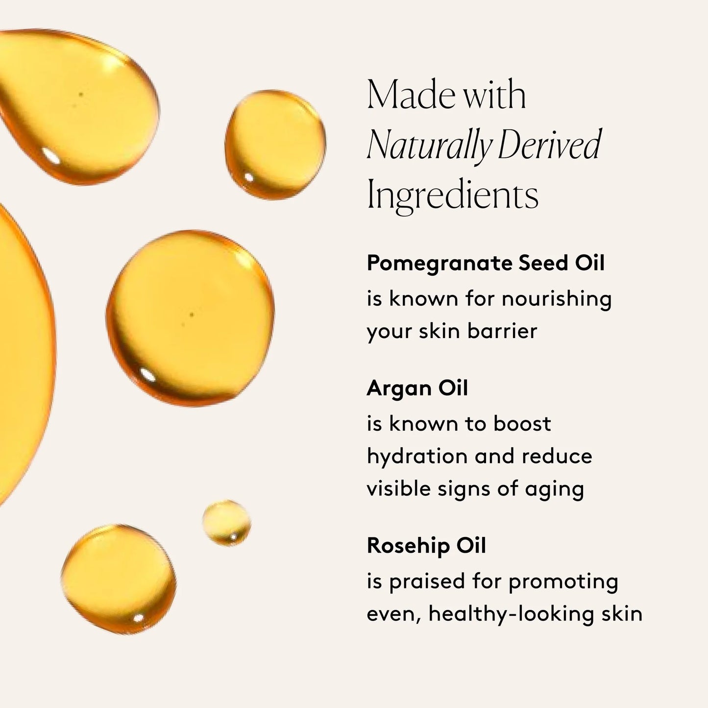 
                
                  Rejuvenate Restorative Face Oil key ingredients graphic with Pomegranate Seed Oil, Argan Oil, and Rosehip Oil beside golden product swatches
                
              