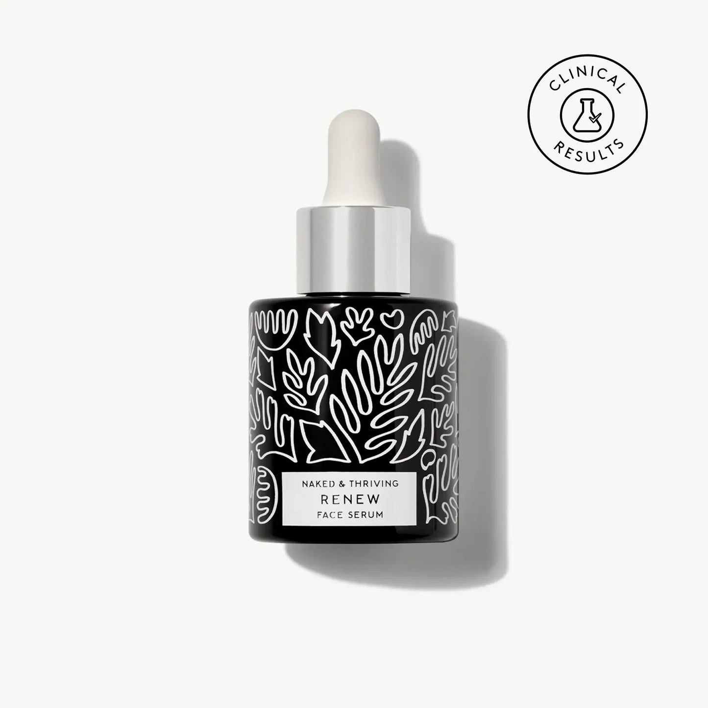 Naked & Thriving Renew Resurfacing Night Serum in a black glass dropper bottle with white botanical pattern