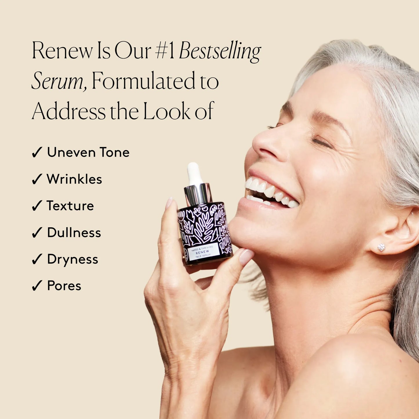 
                
                  Model holding Renew Resurfacing Night Serum with text about the brand’s bestselling serum for uneven tone, texture, and dryness
                
              
