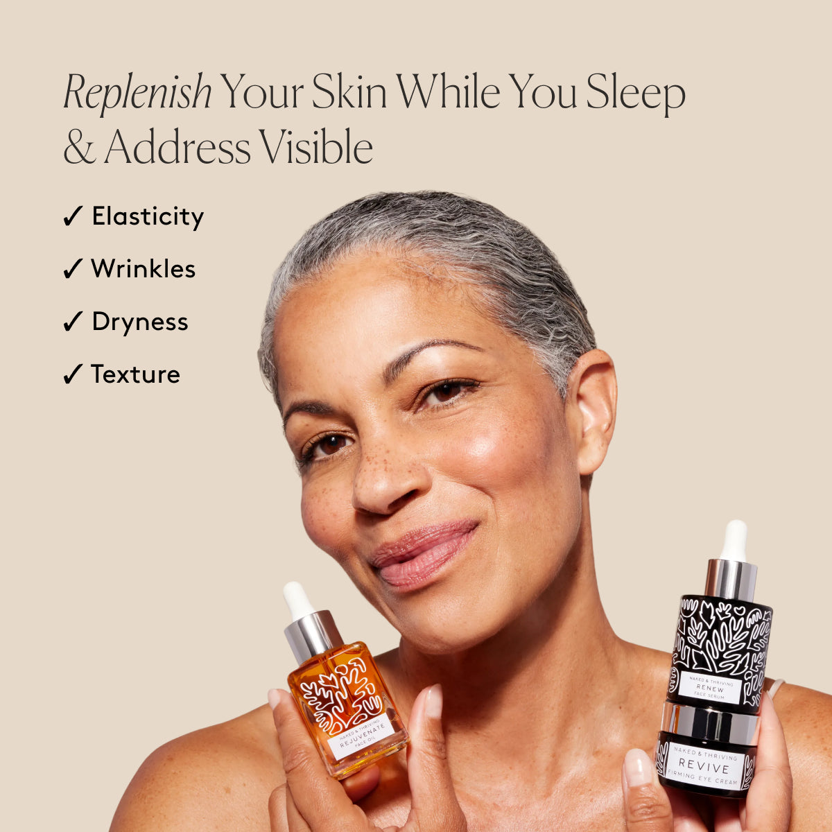 
                
                  Smiling model holding the Restorative Night Routine beside text about visible improvement in elasticity, wrinkles, dryness, and texture
                
              